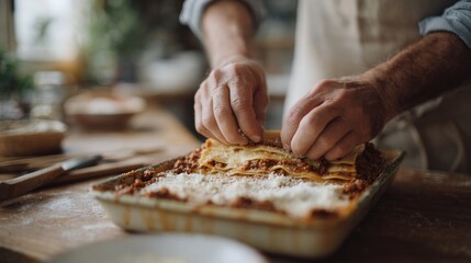Person's hands kneading a layer of lasagna in a rectangular baking dish. the dish is placed on a wooden table with a knife and other kitchen utensils scattered around it.