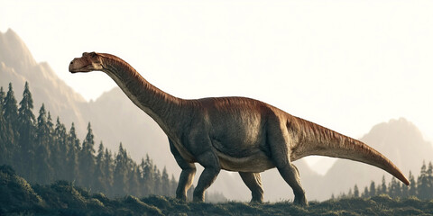 Obraz premium Vulcanodon dinosaur roaming in a lush prehistoric landscape with mountains and forests