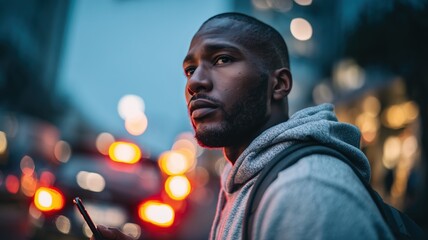 A focused man in modern streetwear jacket holding a phone on a city street at dusk, with moody blue and orange bokeh lights and cars in the background, conveying an urban lifestyle and technology vibe