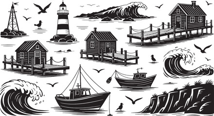 Fototapeta premium Black and White Silhouette Collection of Coastal and Nautical Featuring a Lighthouse, Fishing Boats, Wooden Piers, Seagulls, and Crashing Waves on a White Background