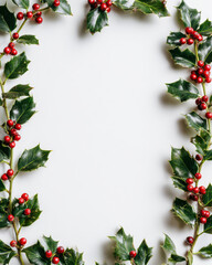 Festive christmas holly frame border with red berries on white background and copy space