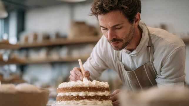 A man wearing a beige apron and working in a bakery. he is holding a wooden spoon and is in the process of decorating a cake. the cake is on a white cake stand and is placed on a table.