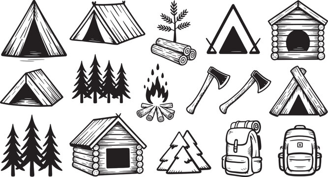 Camping and outdoor adventure in black and white line including tents log cabins campfire axes and backpacks for