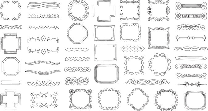 Collection of hand-drawn decorative borders frames and dividers in black and white line style for and page decoration