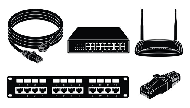 Network devices router switch cables patch panel vector illustration technology