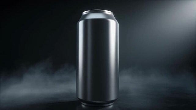 Blank metallic beverage can mockup standing on a dark, smoky surface with dramatic spotlighting, ideal for energy drink or soda branding