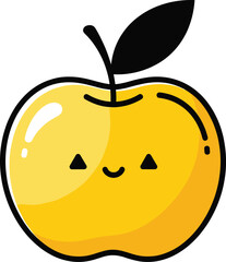 Cute yellow apple cartoon vector illustration with smiling face, kawaii fruit character icon for kids design