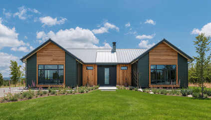 Modern dark green house with natural wood accents and large windows under a blue sky