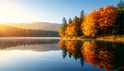 realistic nature landscape with calm lake, soft golden-hour sunlight, lush autumn trees, clear reflections on water, atmospheric depth, peaceful and relaxing outdoor scenery