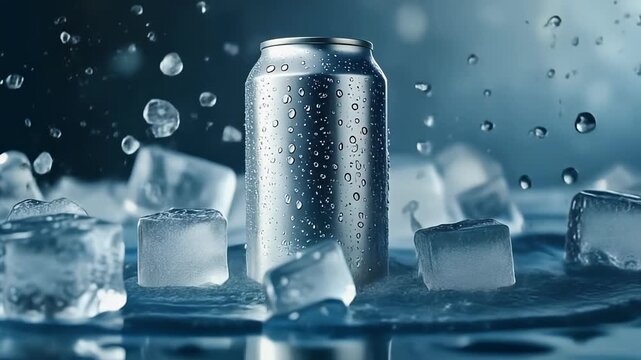 Refreshing silver beverage can splashing in water with ice cubes, dynamic cold drink advertisement concept