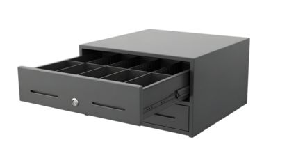 A modern grey cash drawer for point of sale systems open against a black background