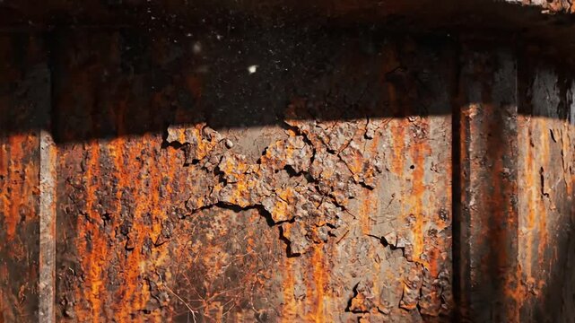 Abandoned industrial factory interior zooming in on rusty metal cylinder with macro texture of corrosion