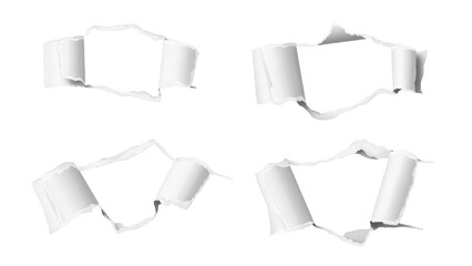 Set of four realistic torn white paper edges creating holes with curled edges isolated on black