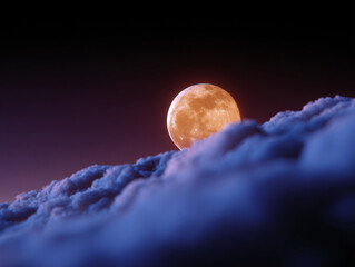 a full moon rising over a dark, cloud-covered landscape. The moon is brightly illuminated, creating a serene and somewhat mystical atmosphere.
