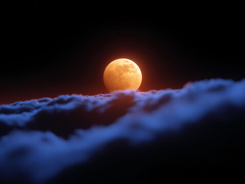 a full moon rising over a dark, cloud-covered landscape. The moon is brightly illuminated, creating a serene and somewhat mystical atmosphere. - Powered by Adobe