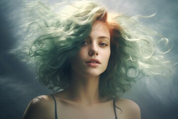 Naklejka premium Captivating portrait of a young woman with vibrant curly hair and soft expression surrounded by ethereal lighting