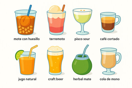 Chilean Beverages Icon Grid Vector Illustration with Traditional Drinks and Cocktails