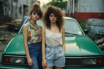 Two young women with curly hair posing confidently in front of a vintage green car in an urban setting with an overgrown backdrop