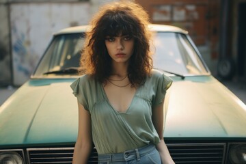 Woman with curly hair poses confidently in front of vintage car under warm sunlight capturing a moment of cool vibe and retro style