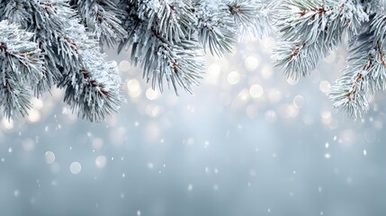 Frosty winter banner: snow-covered pine branches, golden bokeh lights, generous copy space, crisp 8K template for Christmas cards, posters, web or print greetings.
