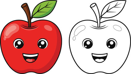 Cute apple cartoon vector set with colored and outline versions, smiling fruit character icons for kids design