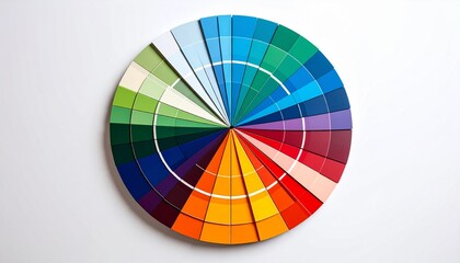 Fototapeta premium 🎨 Circular Wooden Color Wheel with Painted Panels Radiating from Metallic Hub in Vibrant Spectrum