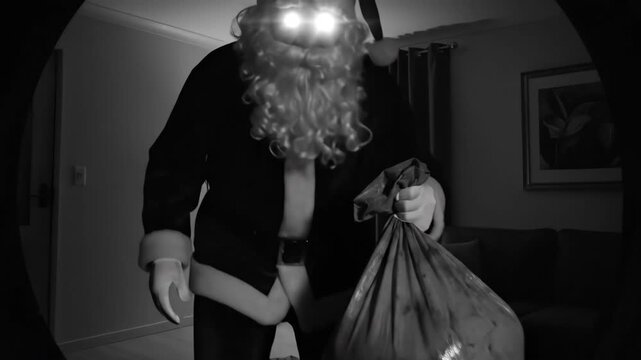 Ominous santa claus figure with glowing eyes carries a sack through a dark room, presenting a creepy halloween or christmas celebration