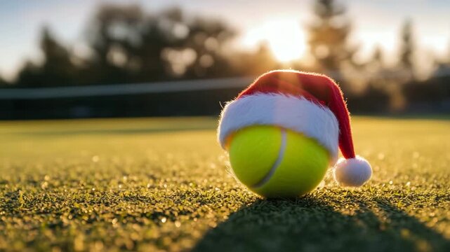 Tennis ball wearing santa claus hat lying on a tennis court during a beautiful sunset