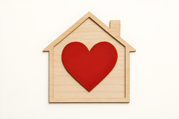 Wooden house outline with a large red heart inside, symbolizing love, security, home sweet home, and real estate concept.