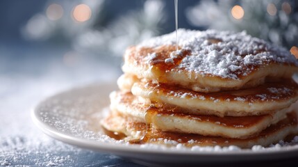 Close-up of a stack of fluffy holiday-themed pancakes drizzled with maple syrup and dusted with powdered sugar, an inviting, cozy winter breakfast.