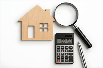 Calculating home finances and property inspection concept, featuring wooden house model, calculator, magnifying glass, and pen on white background.