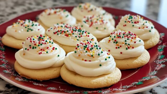 Delicious christmas cookies decorated with colorful sprinkles resting on festive plate