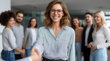 Team leader welcomes new employee, friendly handshake and introduction, modern office entrance, diverse group smiling, authentic onboarding moment, clean composition, brand-free, copy space