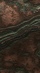 Rough textured surface with reddishbrown oxidation and greenishblue layered veins