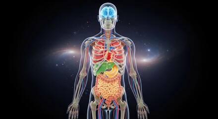 Fototapeta premium Human Body Internal Organs Anatomy Including Digestive System Lungs Liver Brain Heart Arteries Veins Intestines and Skeleton Over Deep Space Background Illustration