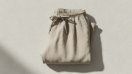 Folded Beige Drawstring Shorts on a Light Background with Shadow.