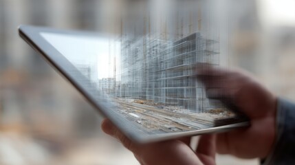 Hands holding a digital tablet that seamlessly transitions to show a 3D building model overlaid onto a real construction site, mixed reality.
