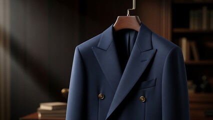 Elegant Navy Blue Double-Breasted Suit Jacket Hanging in a Refined Interior.
