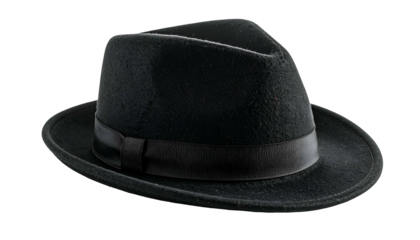 Black felt fedora with a dark band around the crown, casting a slight shadow