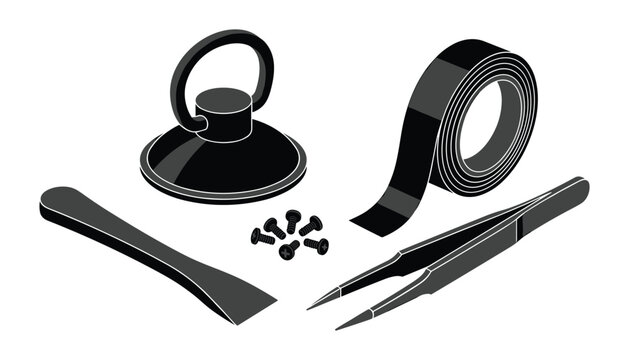 Tools for electronic device repair including suction cup and tweezers vector