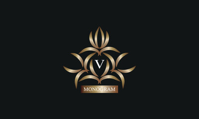 Elegant monogram design template with letter V in the center and place for text. Company brand design, emblem, invitation, label, business sign.