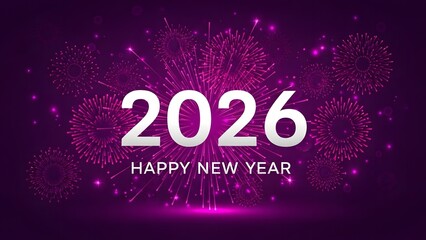 Celebratory fireworks display with 2026 happy new year greeting in purple theme