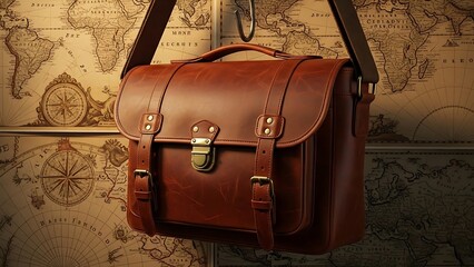Vintage Leather Satchel Hanging Against an Old World Map Background.