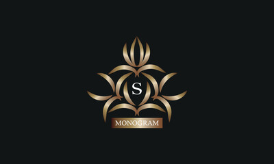 Elegant monogram design template with letter S in the center and place for text. Company brand design, emblem, invitation, label, business sign.