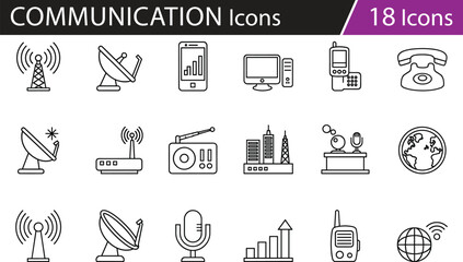 Fototapeta premium Communication technology icon set, wireless signal symbols, broadcasting tools, satellite, phone, radio, globe, internet, data vector design