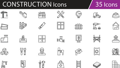 Construction icon set with tools, building materials, architecture elements, engineering equipment, and worker safety in black and white vector style