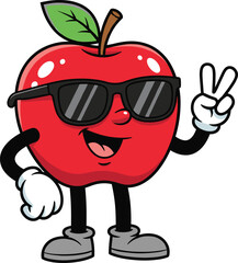 Cool apple cartoon character vector illustration wearing sunglasses and showing peace sign, fun fruit mascot