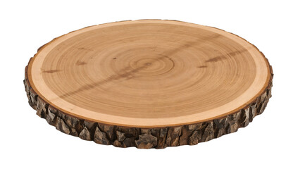 Round wooden tree slice with natural bark edge for rustic decor, table centerpiece, crafts, or wedding display on transparent background