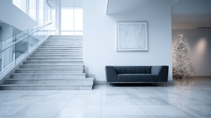Wide shot of a modern office building lobby decorated with sophisticated, minimalist holiday decor, corporate festive mood.