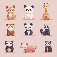 Naklejka premium Cute cartoon animal collection with panda, raccoon, giraffe, and kitten